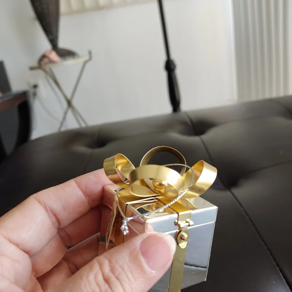 NWT Crate & Barrel Vintage Small Metallic Gift Box Ornament with Gold Bow